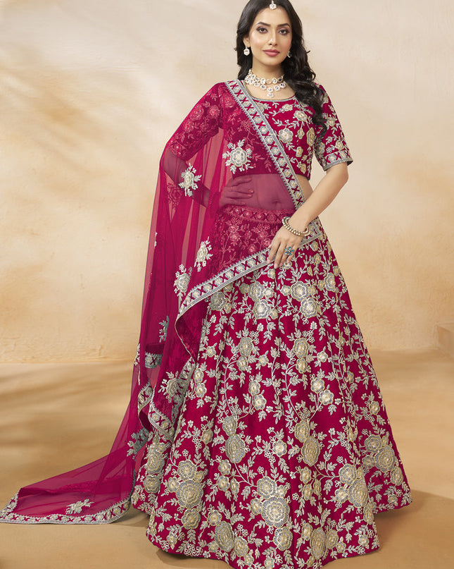Raspberry Pink Art Silk Embroidered Wedding Lehenga Choli
