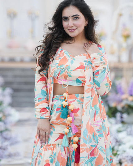 Multicolor Chinnon Printed Plus Size IndoWestern