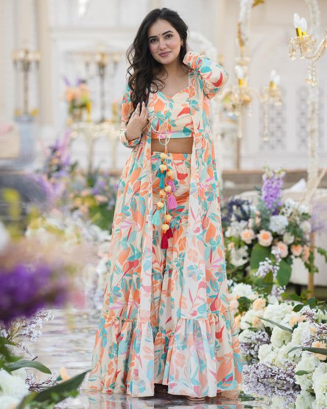 Multicolor Chinnon Printed Plus Size IndoWestern