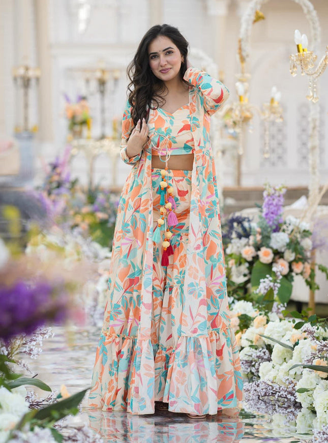 Multicolor Chinnon Printed Plus Size IndoWestern