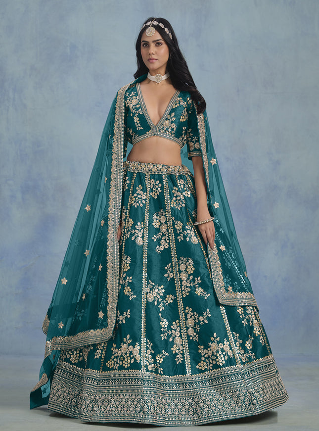 Alluring Morpich Art Silk Sequins Embroidered Lehenga Choli Set