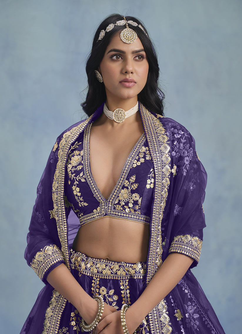Captivating Violet Art Silk Sequins Embroidered Lehenga Choli Set