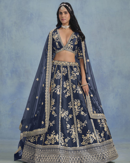 Mesmerizing Midnight Blue Art Silk Sequins Embroidered Lehenga Choli Set