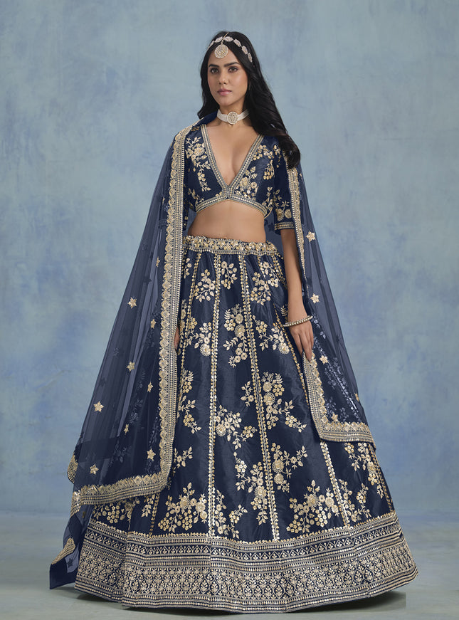Mesmerizing Midnight Blue Art Silk Sequins Embroidered Lehenga Choli Set