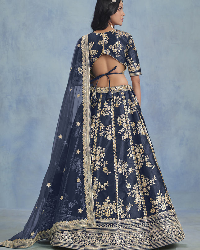 Mesmerizing Midnight Blue Art Silk Sequins Embroidered Lehenga Choli Set