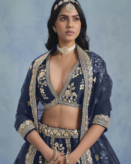 Mesmerizing Midnight Blue Art Silk Sequins Embroidered Lehenga Choli Set