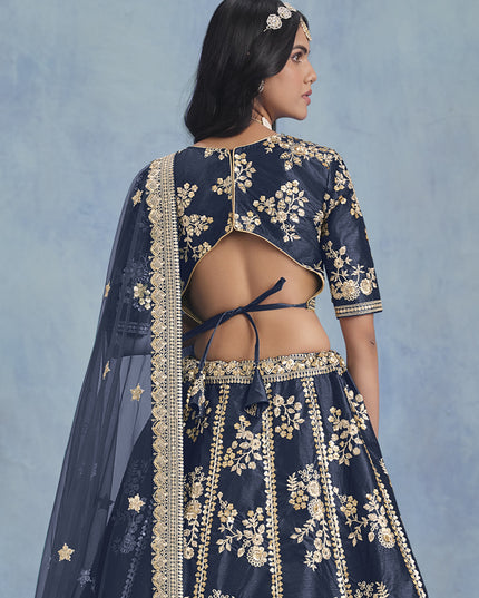 Mesmerizing Midnight Blue Art Silk Sequins Embroidered Lehenga Choli Set
