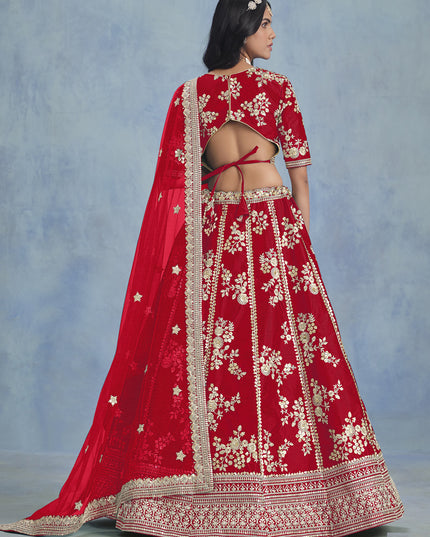 Fascinating Hot Red Art Silk Sequins Embroidered Lehenga Choli Set