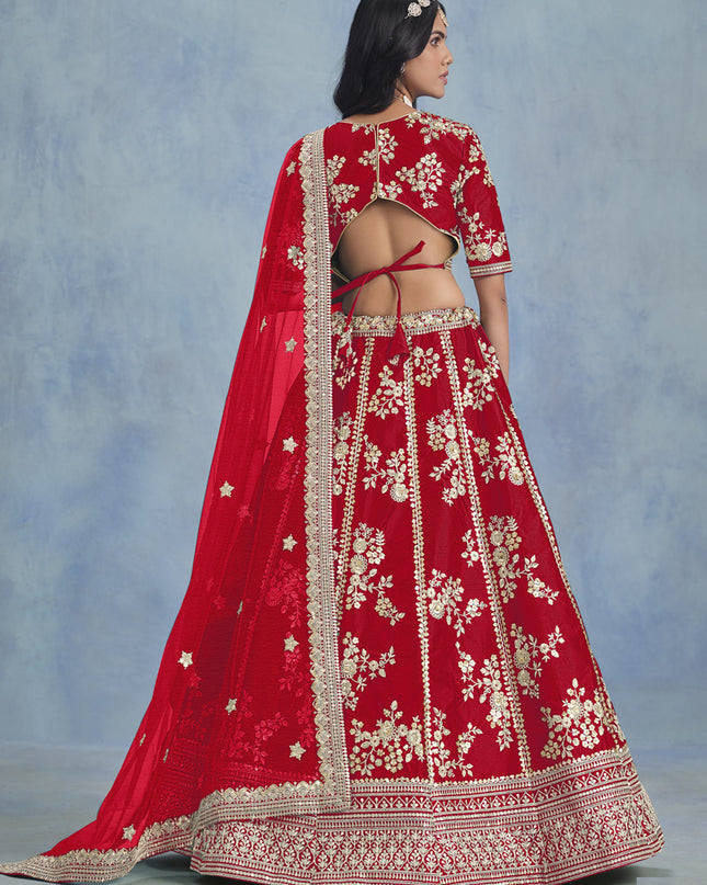 Fascinating Hot Red Art Silk Sequins Embroidered Lehenga Choli Set