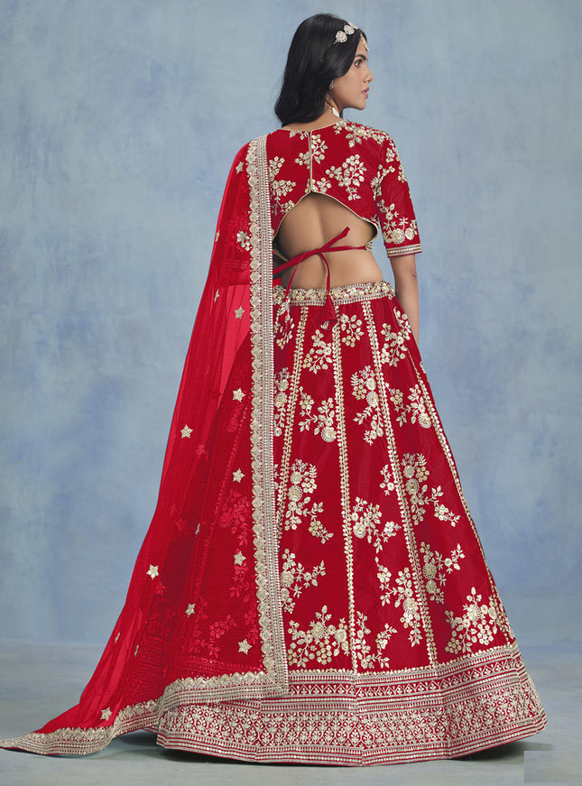 Fascinating Hot Red Art Silk Sequins Embroidered Lehenga Choli Set