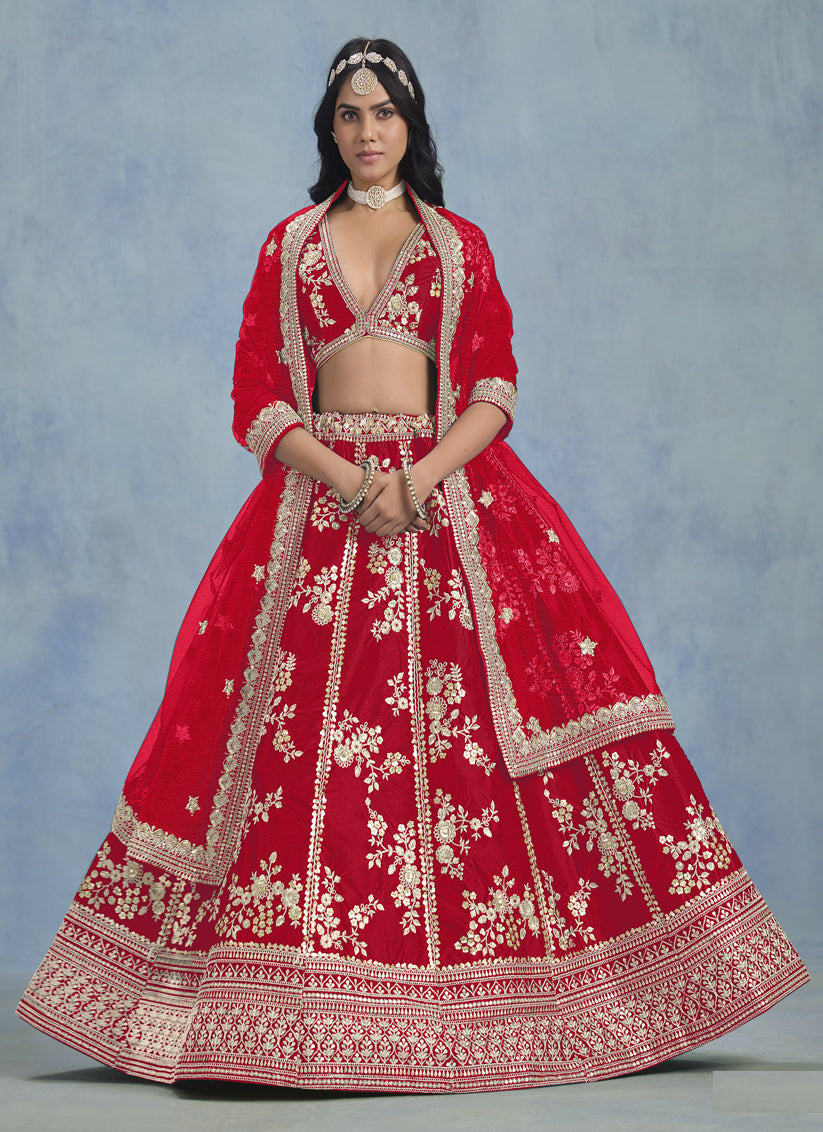 Fascinating Hot Red Art Silk Sequins Embroidered Lehenga Choli Set