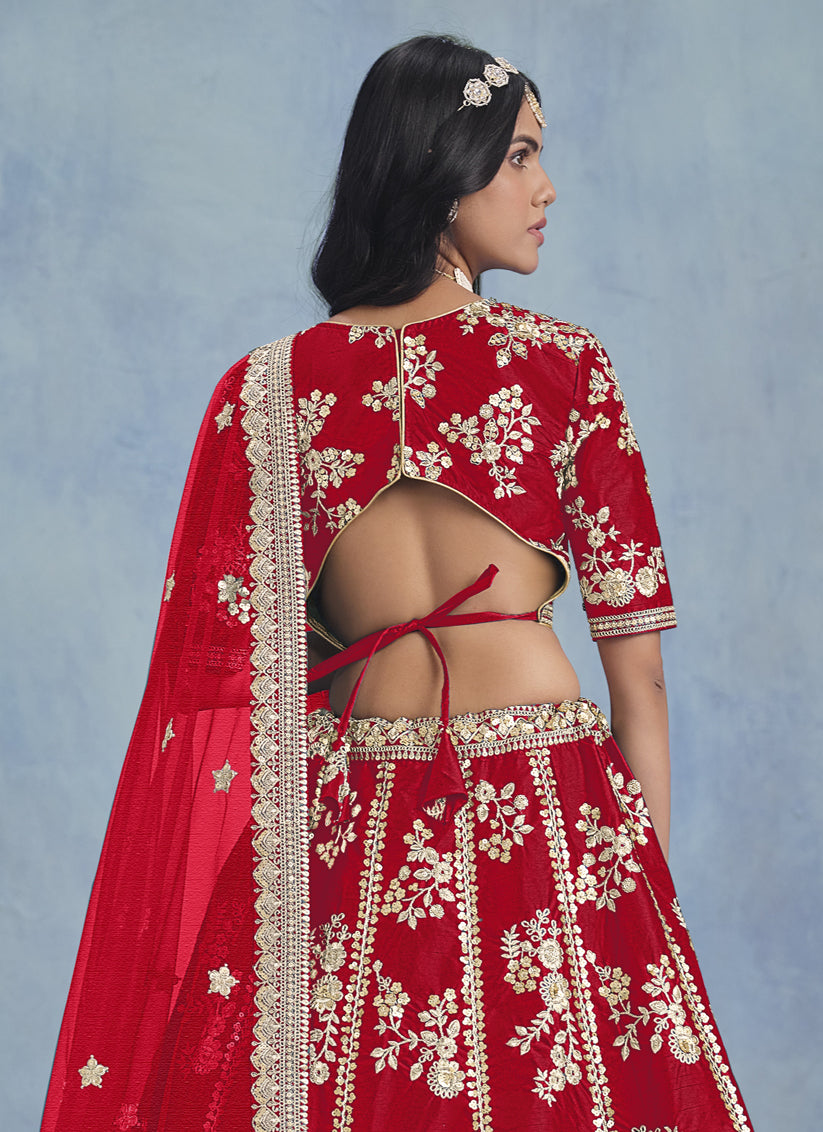 Fascinating Hot Red Art Silk Sequins Embroidered Lehenga Choli Set