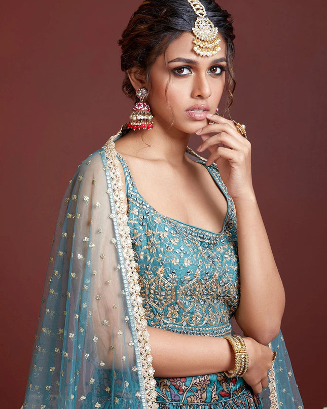 Awesome Sky Blue Chinnon Silk Embroidered Wedding Lehenga Choli