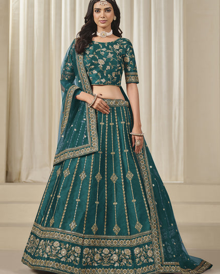 Amazing Rama Green Art Silk Embroidered Lehenga Choli Set