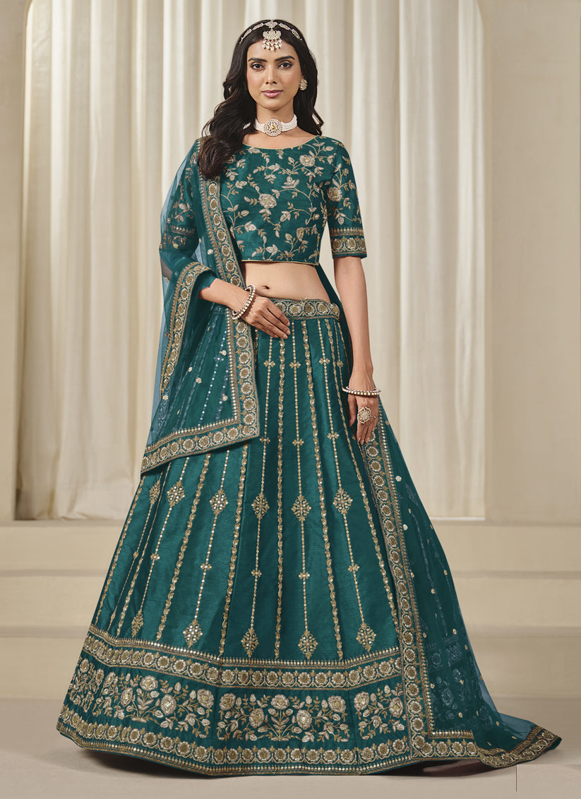 Amazing Rama Green Art Silk Embroidered Lehenga Choli Set