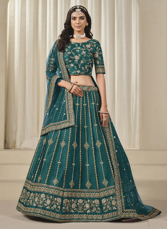 Amazing Rama Green Art Silk Embroidered Lehenga Choli Set
