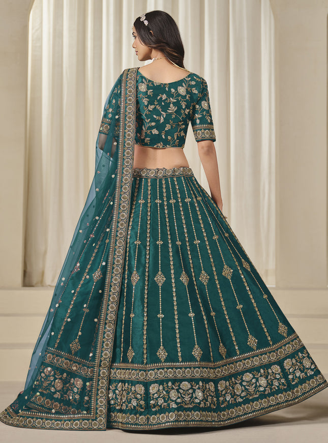 Amazing Rama Green Art Silk Embroidered Lehenga Choli Set