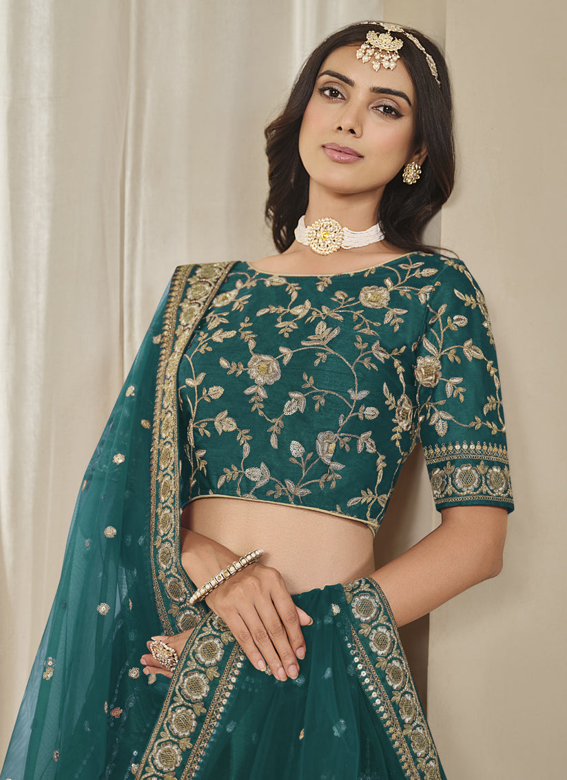 Amazing Rama Green Art Silk Embroidered Lehenga Choli Set