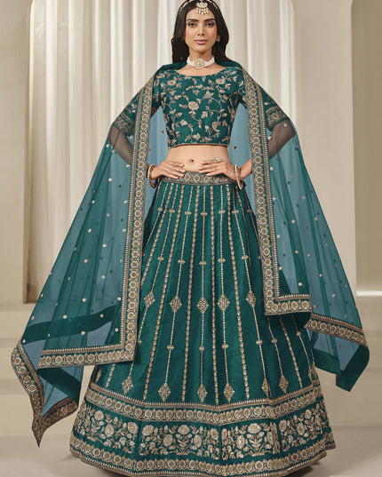 Amazing Rama Green Art Silk Embroidered Lehenga Choli Set