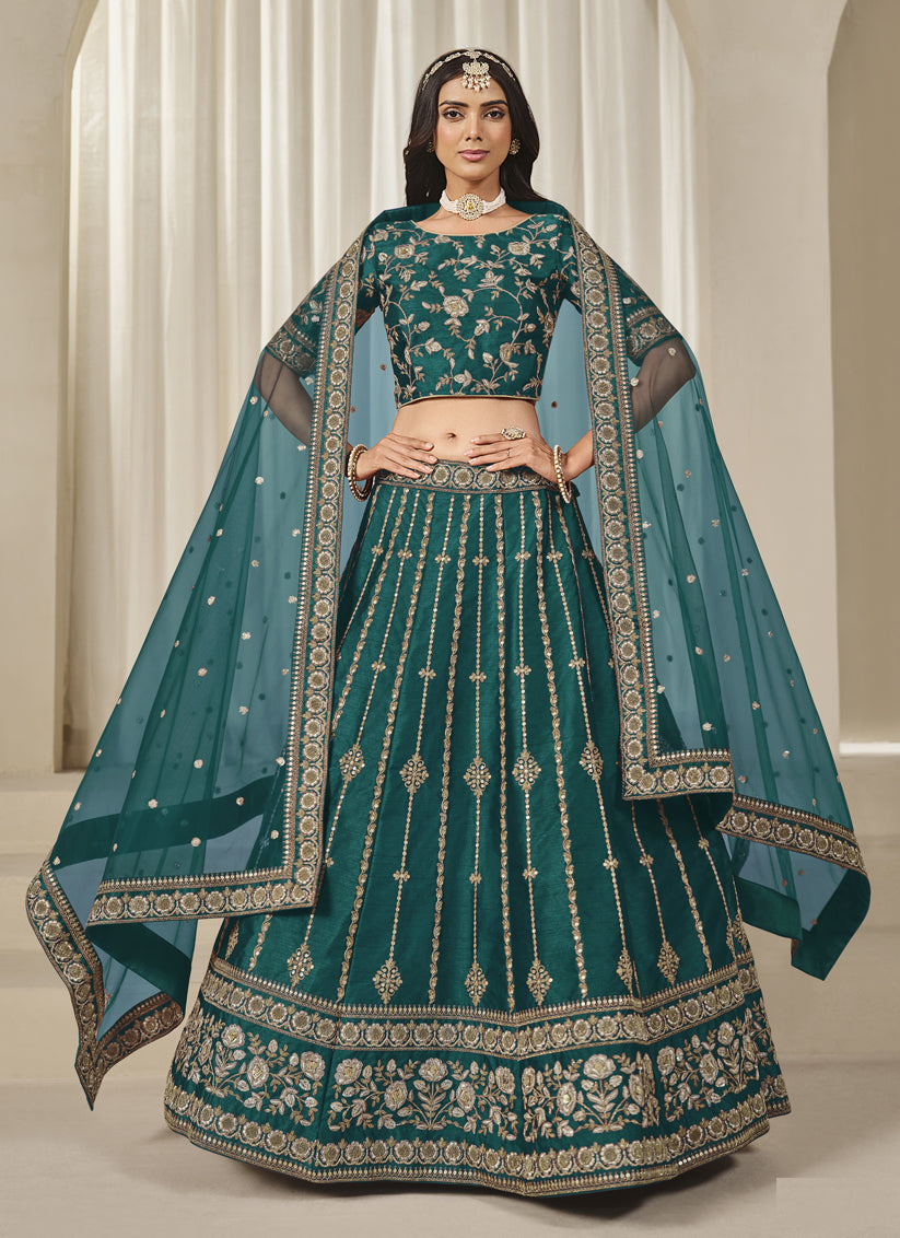 Amazing Rama Green Art Silk Embroidered Lehenga Choli Set