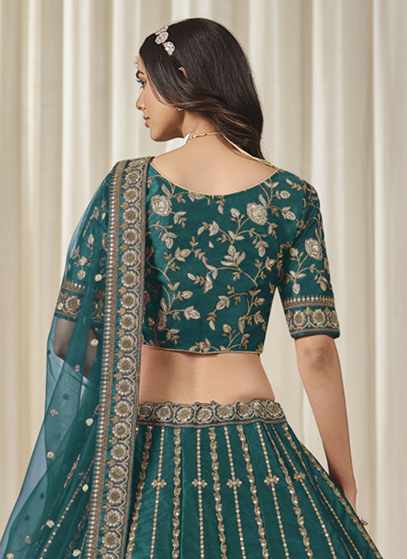 Amazing Rama Green Art Silk Embroidered Lehenga Choli Set