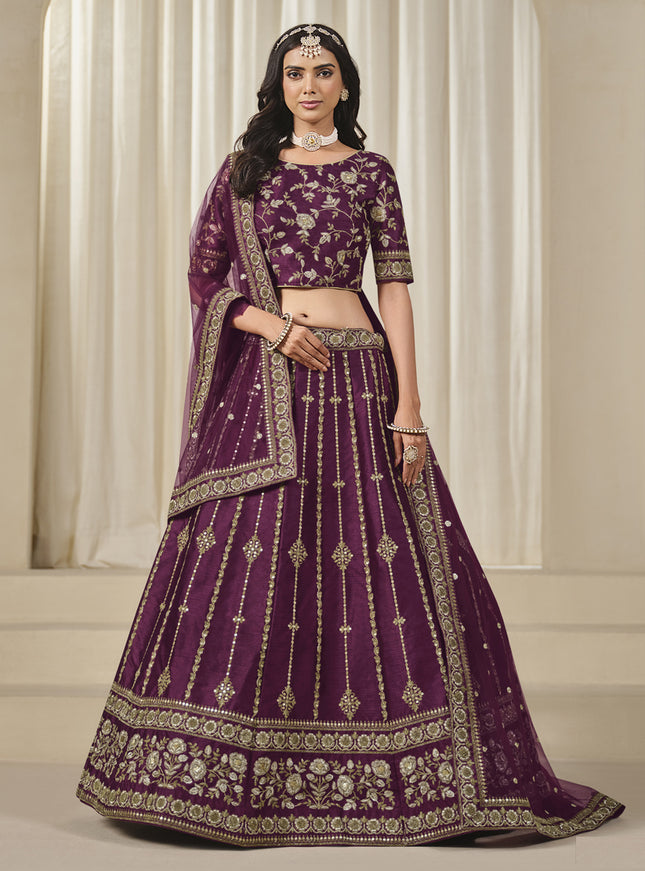 Delicate Wine Art Silk Embroidered Lehenga Choli Set
