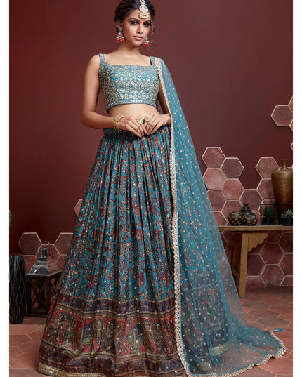 Awesome Sky Blue Chinnon Silk Embroidered Wedding Lehenga Choli