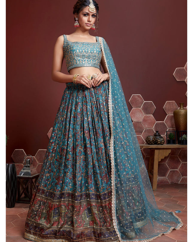 Awesome Sky Blue Chinnon Silk Embroidered Wedding Lehenga Choli