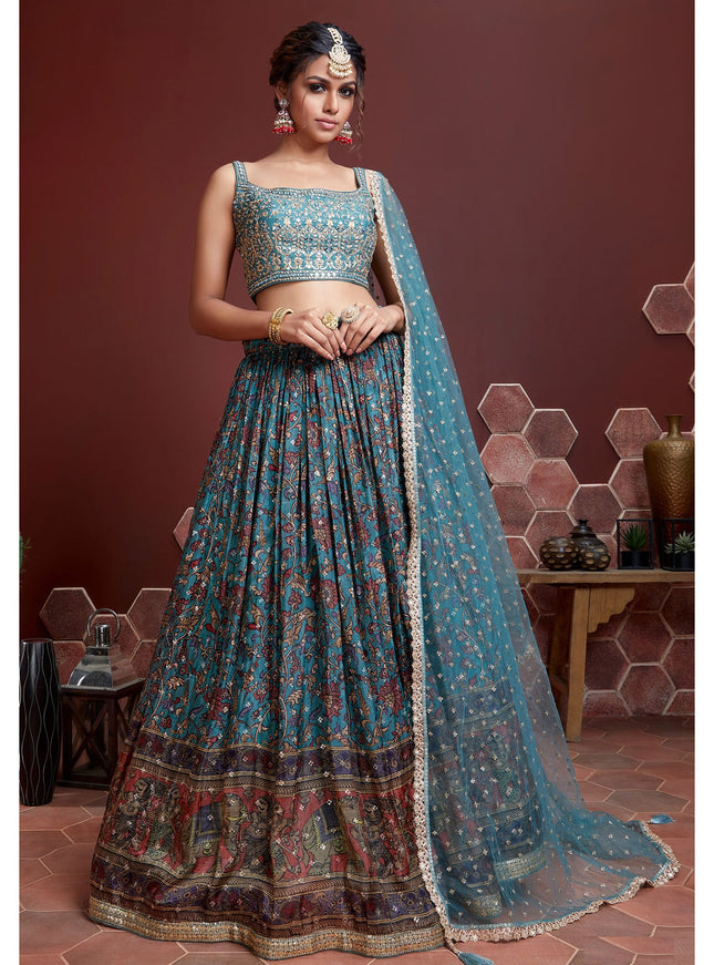 Awesome Sky Blue Chinnon Silk Embroidered Wedding Lehenga Choli