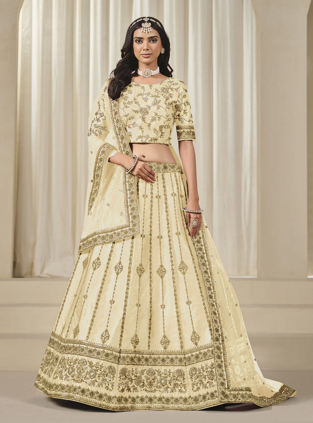 Sweet Cream Art Silk Heavy Embroidered Lehenga Choli Set
