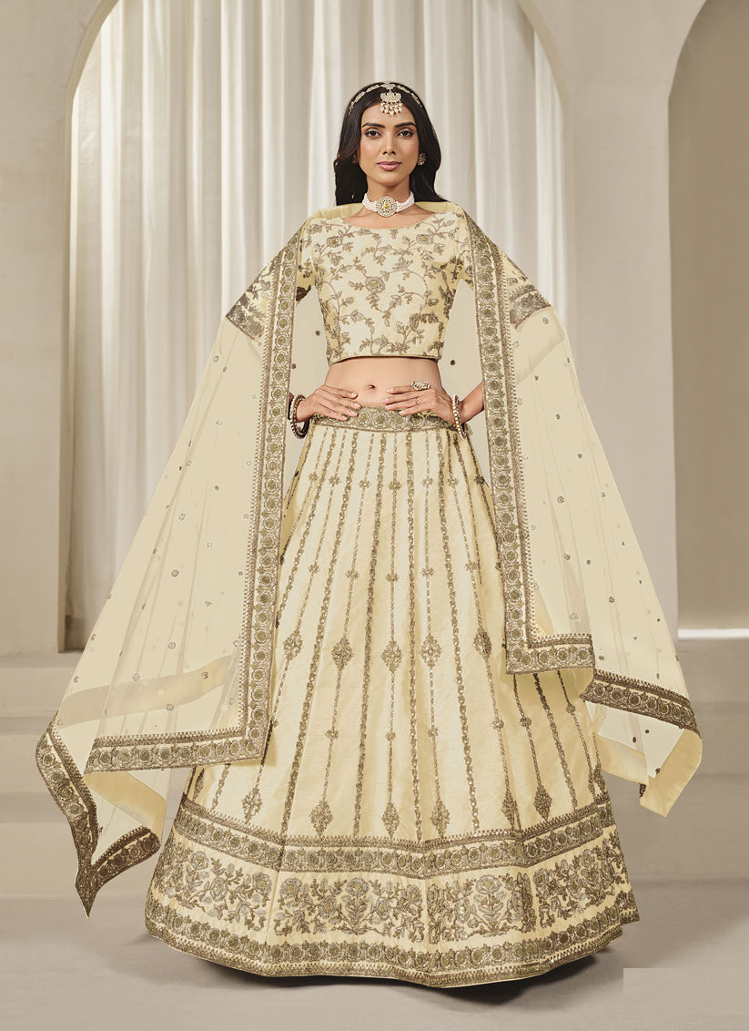 Sweet Cream Art Silk Heavy Embroidered Lehenga Choli Set