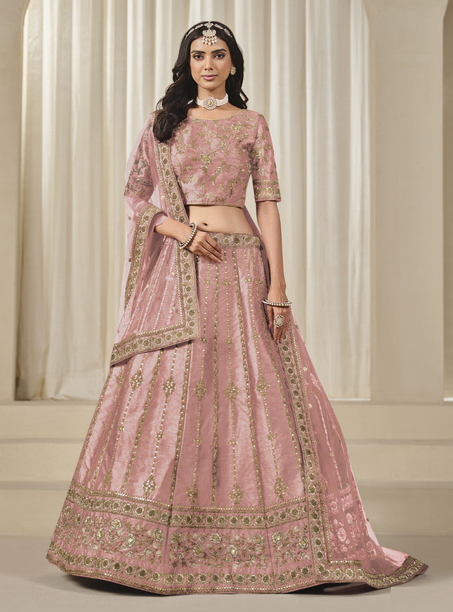 Adorable Coral Pink Art Silk Heavy Embroidered Lehenga Choli Set