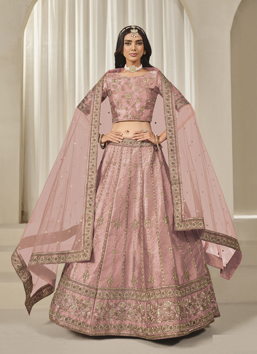 Adorable Coral Pink Art Silk Heavy Embroidered Lehenga Choli Set