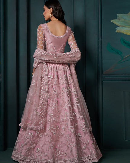 Carnation Pink Net Embroidered Designer Lehenga Choli Set
