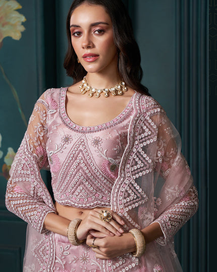 Carnation Pink Net Embroidered Designer Lehenga Choli Set