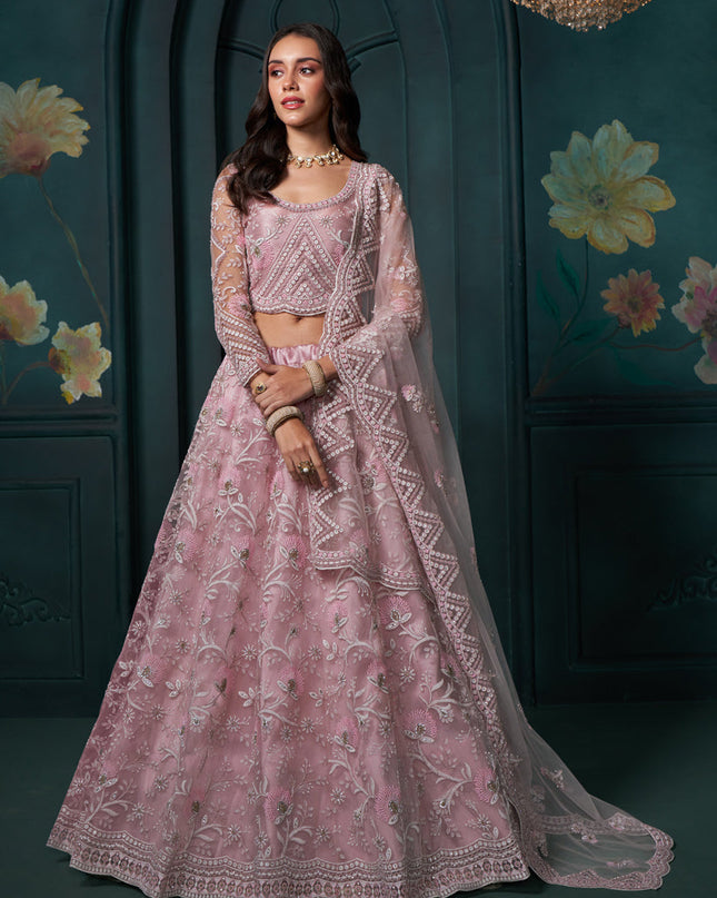 Carnation Pink Net Embroidered Designer Lehenga Choli Set