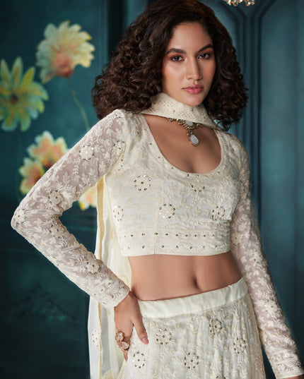 Off White Georgette Embroidered Designer Lehenga Choli Set