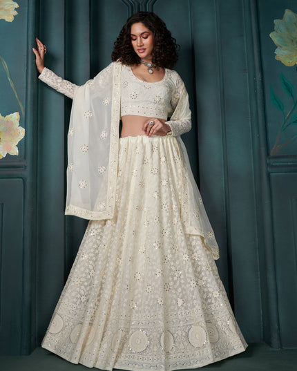 Off White Georgette Embroidered Designer Lehenga Choli Set