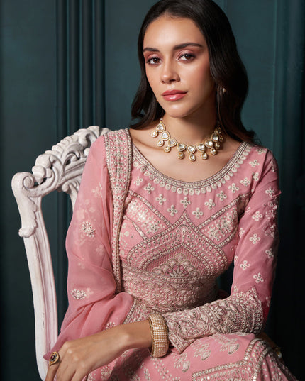 Cherry Pink Georgette Embroidered Designer Lehenga Choli Set