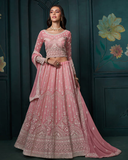 Cherry Pink Georgette Embroidered Designer Lehenga Choli Set