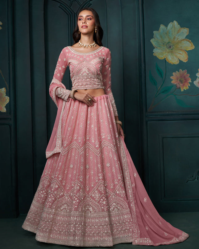 Cherry Pink Georgette Embroidered Designer Lehenga Choli Set