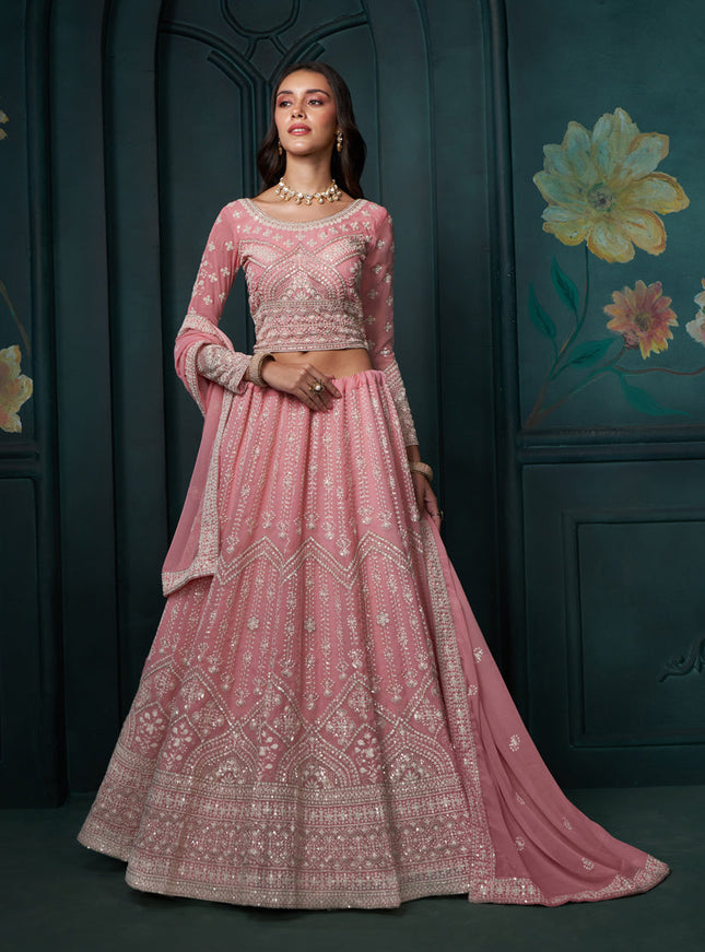Cherry Pink Georgette Embroidered Designer Lehenga Choli Set