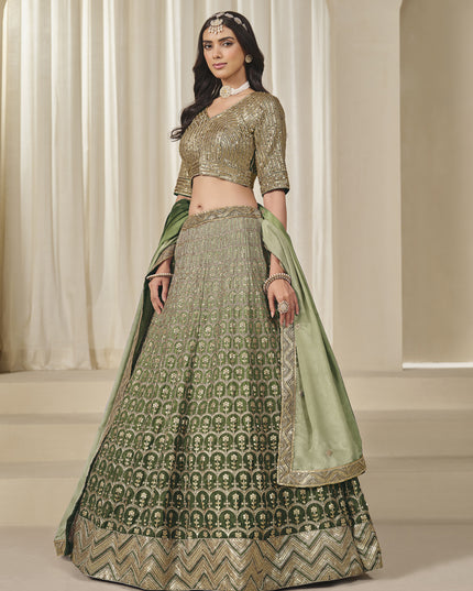 Elegant Olive Green Heavy Embroidered Premium Chinnon Silk Lehenga Choli Set