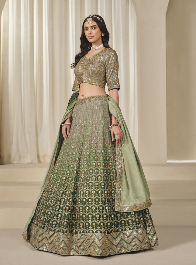 Elegant Olive Green Heavy Embroidered Premium Chinnon Silk Lehenga Choli Set