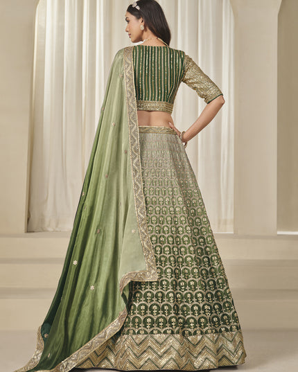 Elegant Olive Green Heavy Embroidered Premium Chinnon Silk Lehenga Choli Set