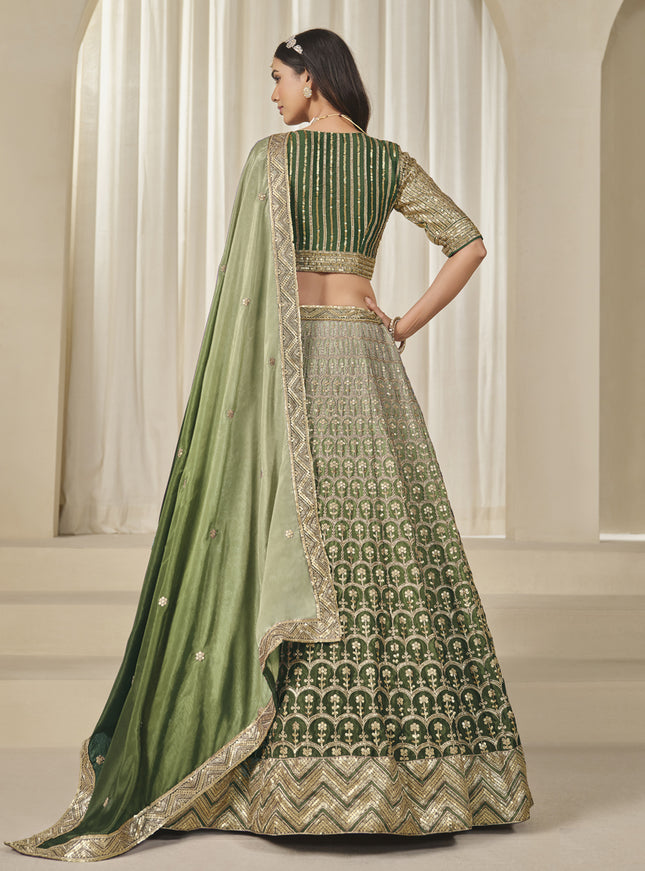 Elegant Olive Green Heavy Embroidered Premium Chinnon Silk Lehenga Choli Set