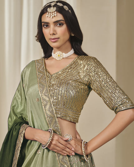 Elegant Olive Green Heavy Embroidered Premium Chinnon Silk Lehenga Choli Set