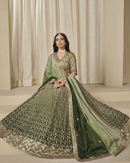 Elegant Olive Green Heavy Embroidered Premium Chinnon Silk Lehenga Choli Set