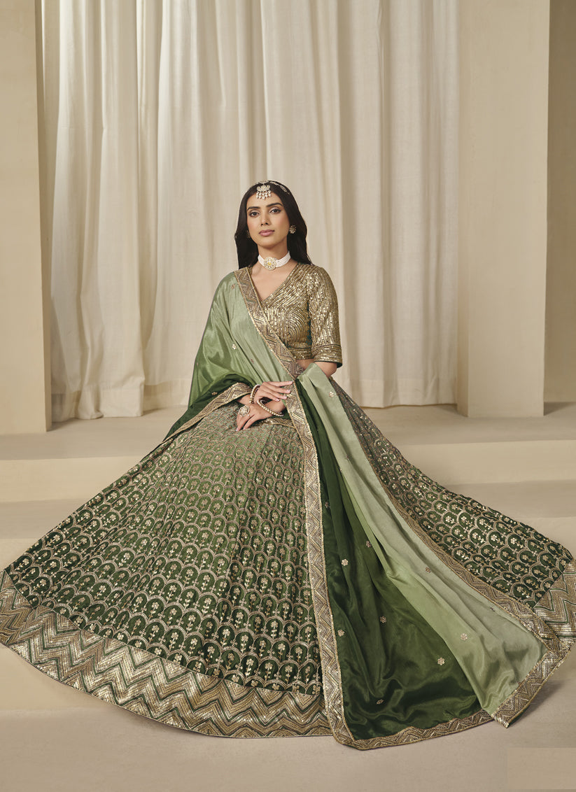 Elegant Olive Green Heavy Embroidered Premium Chinnon Silk Lehenga Choli Set