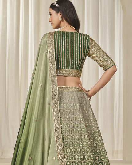 Elegant Olive Green Heavy Embroidered Premium Chinnon Silk Lehenga Choli Set